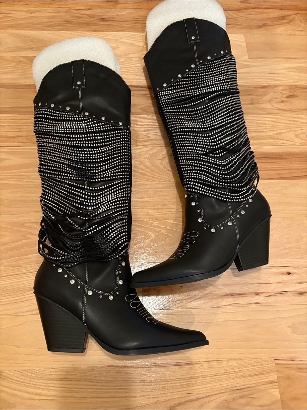 Cape Robbin Black Rhinestone Slouch Knee-High Heeled Boots